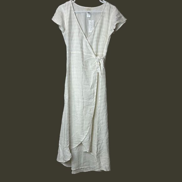 L*space Emilie V-Neck Side Knot Tie Wrap Dress White Tan Stripes Women Small NWT - Picture 1 of 8